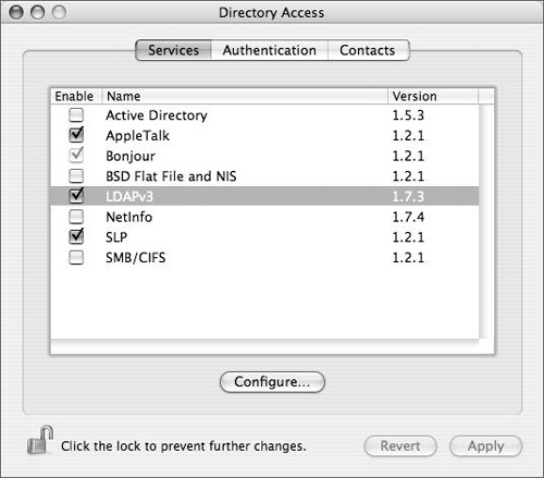 Opening Directory Access on a Mac OS X computer to check the LDAP plug-in status.