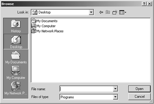 The Browse dialog box, new to Windows 2000, makes frequent appearances. If you enter a drive letter and a colon in the Run dialog box before clicking the Browse button (such as c:), this dialog box opens with a display of that drive's contents.