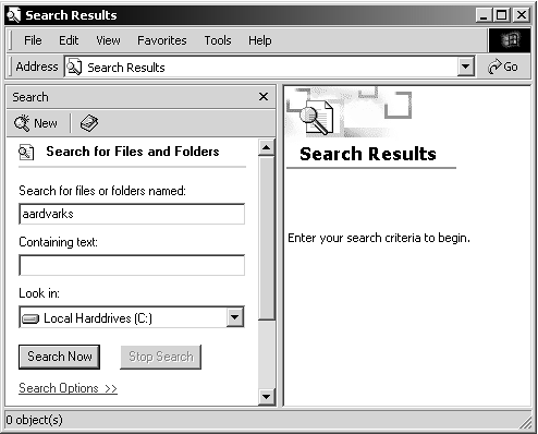 When you're looking for files, the Search feature is like having a bloodhound available. You can use as much information as you manage to remember to initiate a search, and it doesn't matter if you can't remember the exact name of the file that's gone missing. The Search feature ordinarily finds both folder titles and filenames; to search only for files, add .* to the end of the name you're looking for (for example, memo.*).