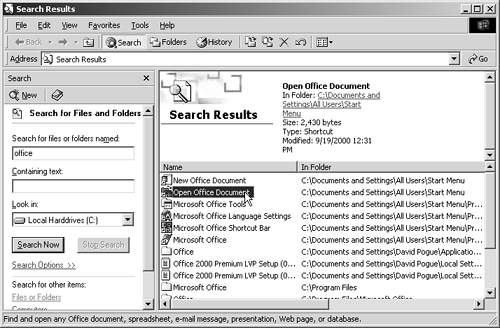 You can manipulate the found files much the way you'd approach files in a standard folder window. For example, you can highlight something in the list by typing the first few of letters of its name or by pressing the arrow keys. You can also highlight multiple icons: Highlight all by choosing Edit→Select All, highlight individual items by clicking with the Ctrl key pressed, drag vertically to enclose a cluster of them, and so on.