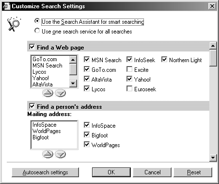 When you use the Search command to find Internet-based information, you're actually searching several Web sites simultaneously. The Customize dialog box lets you specify which ones you want the command to search. If you scroll down far enough, you'll see similar checkboxes for the other kinds of Web searches, such as "Find a business" and "Find a map."