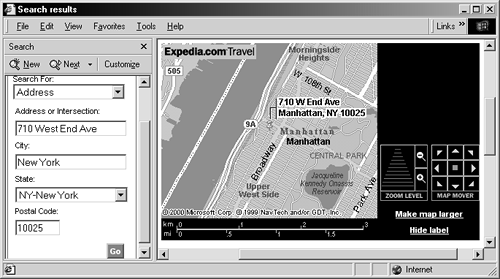 Once Windows shows you the map of the address you specified, click the Zoom Level controls to magnify or reduce the scale of the map. You can also view adjacent chunks of the map by clicking the Map Mover arrow buttons.