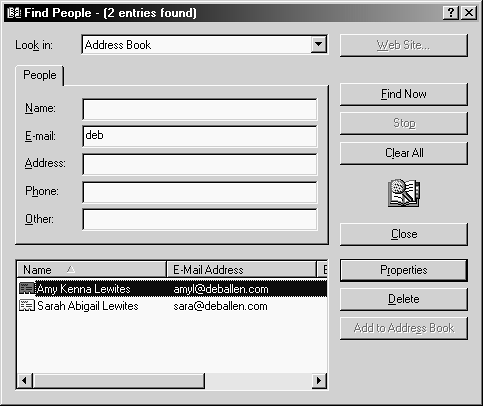 Fill in whatever you know about the person you want to find (top). You can use partial words. The Search command produces a list of all matches (bottom). As shown here, if you're trying to find an email address for somebody at a company, you don't even have to know the company's full domain name. Select the entry that matches your quest, and then click Properties to see all the information you've collected about that person.