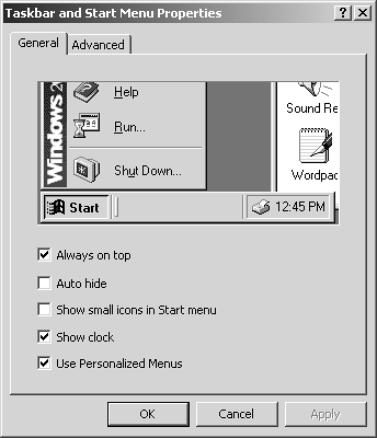 Only two of the options on the General tab apply to the Start Menu; the rest are for configuring the Taskbar. The two Start Menu items, "Show small icons in Start menu" and "Use Personalized Menus," have a great deal of influence over the way the Start menu looks and behaves. Because of their importance, you should try changing the settings for each before deciding on a final configuration for the Start menu.