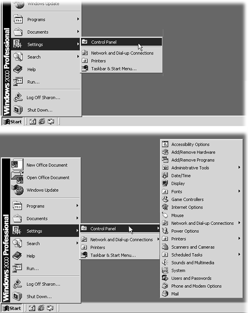 Top: When Expand Control Panel is turned off, you, like generations of Windows users before you, can't open a particular Control panel directly from the Start menu. Instead, you must choose Start→Settings→Control Panel, which opens the Control Panel window, where it's up to you to open the settings program you want. Bottom: Expanding the Control Panel saves you a step; you now get a submenu that lists each program in the Control Panel folder. By clicking one, you can open it directly, without ever having to open the Control Panel window.