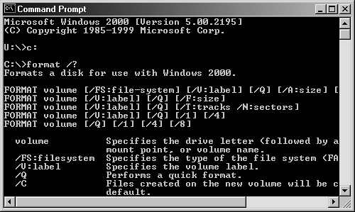 For information on the Format command, you'd type in format /?, as shown here. You can use the scroll bars on the window to see all the Help information.