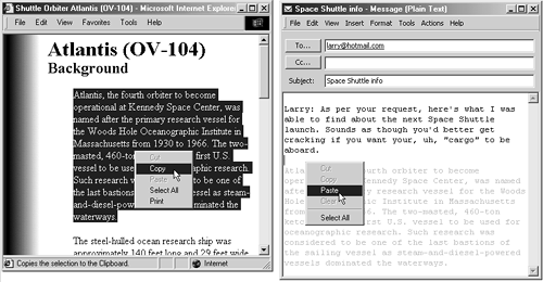 Suppose you want to email some text you find on a Web page to a friend. Left: Start by dragging through it and then choosing Copy from the shortcut menu (or choosing Edit→Copy). Now switch to your email program, and paste it into an outgoing message (right).