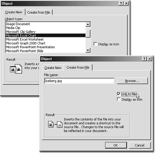 Top: You can insert many different kinds of "objects" into a Microsoft Word or WordPad document: a Paint file ("Bitmap Image"), Image Document (something you've scanned), an Excel chart or spreadsheet ("Worksheet"), a sound or video clip, and so on. Bottom: You may prefer to slap an entire existing document file into the middle of the one you're now editing. Do that using the Create from File tab. Remember to turn on "Link to file" if you want the data to update automatically when the source file is edited separately.