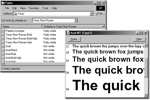 Left: When you click List Fonts by Similarity, a drop-down list appears below the toolbars. Select a font in the drop-down list to make the other fonts line up in order of their degree of similarity. Right: To see a preview of a font, double-click its icon.