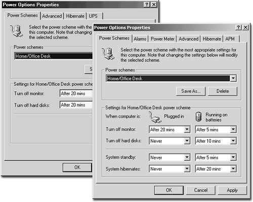 The Power Options options for a desktop PC (left) and laptop. Some of the tabs and options shown here don't appear until you click the APM tab and turn on "Enable Advanced Power Management support" (which isn't available on some older machines).