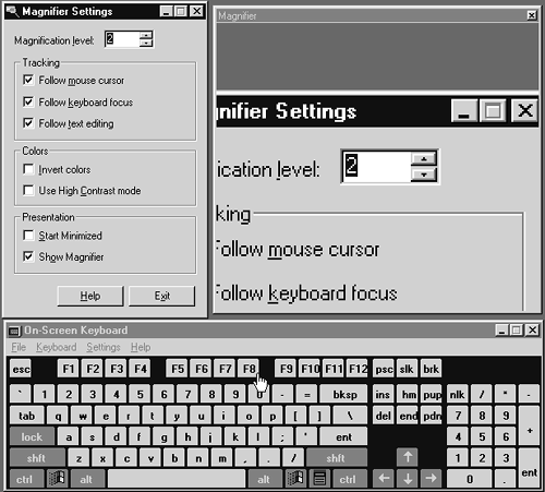 Open Magnifier by choosing Start→Programs→Accessories→Accessibility→Magnifier. Top right: Don't forget that you can drag the large magnified window around to a more convenient spot on the screen, and even resize it by dragging the lower-right corner. Top left: Use the Magnifier Settings panel to choose more high-contrast colors, if you like. Bottom: The On-Screen Keyboard, meanwhile, may be just the ticket if your keyboard keys (or your hands) aren't fully functional.