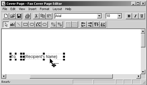 Start by choosing InsertRecipientName. A form field appears, which you can drag anywhere on the page. When you send a fax, Windows will fill this box with the name of the person who's getting your fax. Use the other Insert commands to place other fields on your cover page, such as your own contact information, the date and time, and so on.