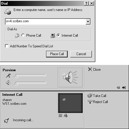 Enter a computer name, as shown, or an IP address (in the format 192.168.1.54). You can also use Phone Dialer simply to dial your phone (if it's connected to the same line as your modem). To do so, select Phone Call and enter a telephone number. Bottom: In the Preview window at the top, you can adjust both the incoming and outgoing sound levels. Click the Take Call icon or Reject Call icon.