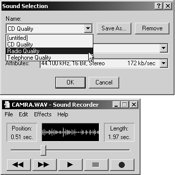 Top: Experiment to find an acceptable quality, but bear in mind that unless you have great speakers, you won't get much benefit from using the higher quality settings. Bottom: Note that the total length of the file is displayed on the right and the current position of the playback is on the left. You can click the fast-forward and rewind buttons to jump to the end or beginning of the file.