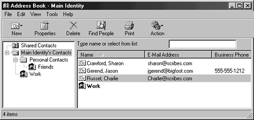 On the left is the Folders and Groups pane, which shows your contacts (located in the Main Identity's Contacts folder), along with any groups or subfolders you've created. The right pane lists the contacts in the currently selected folder. Double-click a contact to view or edit the contact's information.