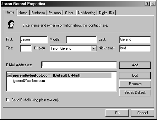 In the E-Mail Addresses box, enter the email addresses for the contact, making sure to click the Add button after entering each address. Use the Edit and Remove buttons to modify or delete addresses you've already entered. Don't forget to indicate which one is the main email address by clicking it and then clicking the Set As Default button.