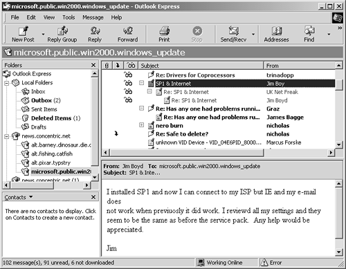 Select the news-group you want to view from your list of subscribed news-groups in the Folders list (you may need to click on the + sign next to your news server first). Reading newsgroup messages is just like reading email in Outlook Express: Select a message to display it in the Preview pane, or double-click a message to open it in a separate window.