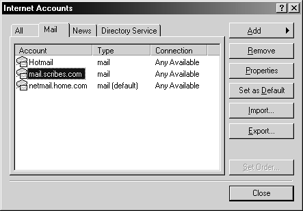 To change the default account used when sending email, click the account you want and then click Set as Default. To export the settings for a mail account, making it quick and easy to setup the mail account again on a different computer, select the account, click the Export button, and then use the Export Internet Account dialog box to save the account settings to disk. Use the Import button to import previously exported settings.