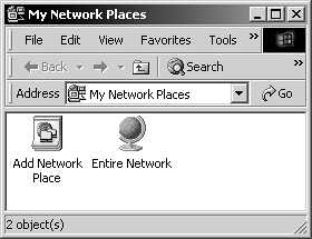 Double-click My Network Places to open this window. At the very least, you'll find the Add Network Place and Entire Network icons. If you're a member of a workgroup, you'll also see Computers Near Me. You (or your network administrator) may have added shortcuts to other computers to this window, too.