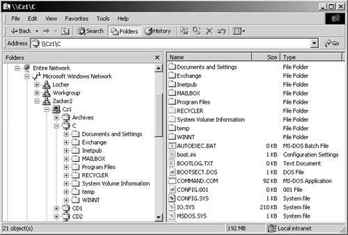 The advantage of using Windows Explorer to look over your network is that you can simultaneously access folders and files on your local computer from this window, making it easier to copy files between the computers.