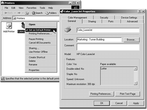 Left: The checkmark means this printer is the one your Windows programs will use by default (unless you specify a different printer). Right: If you right-click a printer and select Properties, you'll see all sorts of information about the printer (if your network administrator has supplied it), including its location and features.