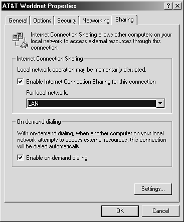 If you're sharing a dial-up connection, make sure that the Enable On-Demand Dialing checkbox is turned on; if you have multiple network cards, select the network connection to which you want to provide Internet access.