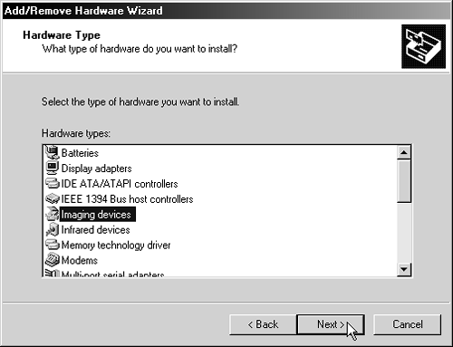 Highlight the type of hardware and click Next. If the hardware doesn't fall into any of the categories listed, scroll to and select Other Devices to choose from the complete list of manufacturers and equipment.