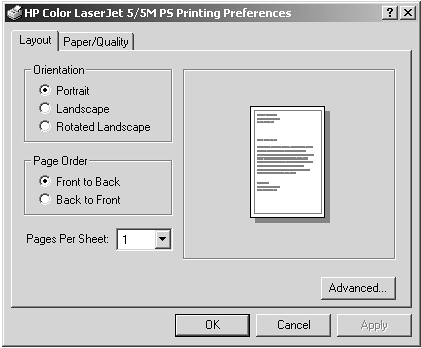 Depending on the printer, choices under Printing Preferences can include print orientation, duplexing, page order, pages per sheet, paper size, and paper source.