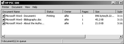 The print queue shows what documents are queued up, their current status, owner, number of pages, size in bytes, and date submitted.