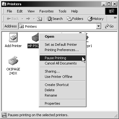 Right-click a printer icon to pause and restart printing. Select Cancel All Documents to empty the printer's queue.