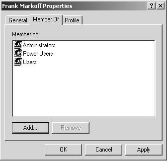 The Member Of dialog box shows you which groups this person belongs to. To add him to another group, click Add; in the resulting dialog box, double-click the group name (or several of them), and then click OK.