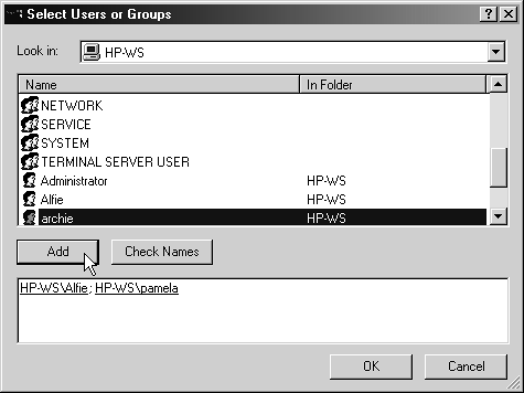 To add users to a group, double-click a name in the list (or click it once, then click Add). Repeat until the bottom box shows the name of everyone who's permitted to see your files. Remember to add yourself to the group if you plan on being able to access the group's files.