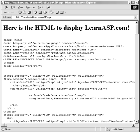 The HTML source for is displayed.