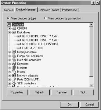 The Device Manager tab of the System Properties dialog box