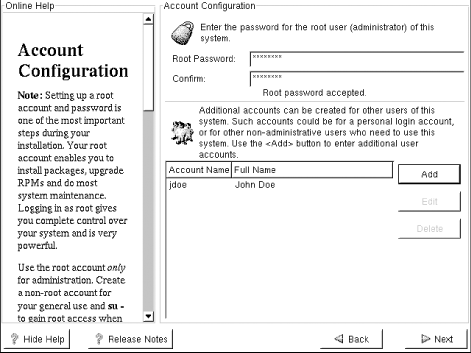 The Account Configuration screen