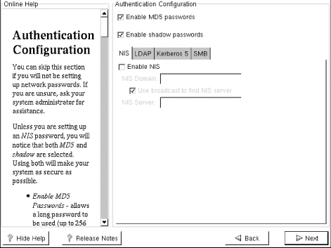 The Authentication Configuration screen