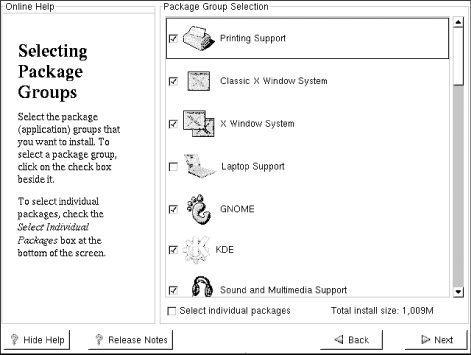 The Package Group Selection screen