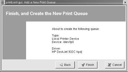The Finish and Create the New Print Queue dialog box