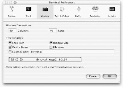 Terminal Preferences dialog with window pane displayed