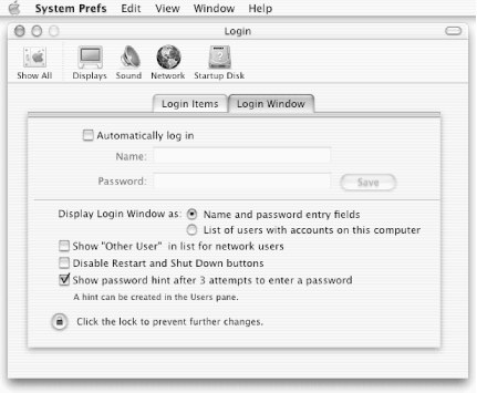 Login Window pane of System Preferences — note the “lock” icon at the bottom