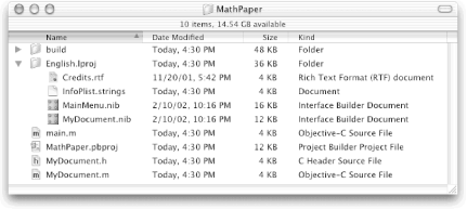 Files and folders created by PB for a new document-based application