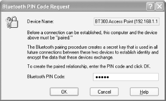 Entering a PIN code to connect to the Bluetooth access point