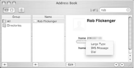 Clicking on a number in your Address Book lets you dial it or send an SMS message from the keyboard.