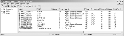 NetStumbler showing many detected networks.