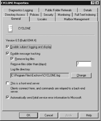 The General tab of the server properties dialog gives you control over message tracking options