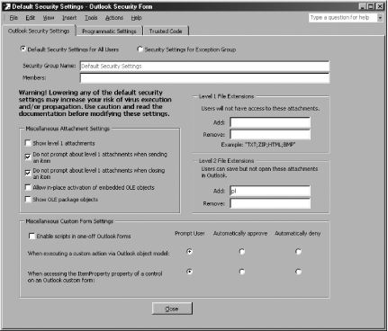 The Outlook security form