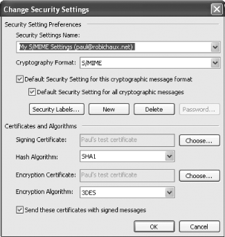 The Change Security Settings dialog from Outlook 2003