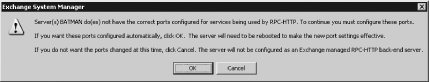 The warning dialog produced when you enable RPC-over-HTTP on a domain controller