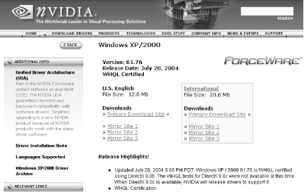 nVidia’s driver feature web page listing WHQL certification