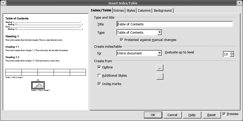 The Insert Index/Table window